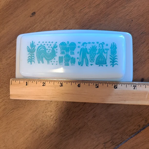Vtg Pyrex Amish Butterprint Butter Dish/Lid Rooster Turquoise White Blue 7" - Picture 5 of 6